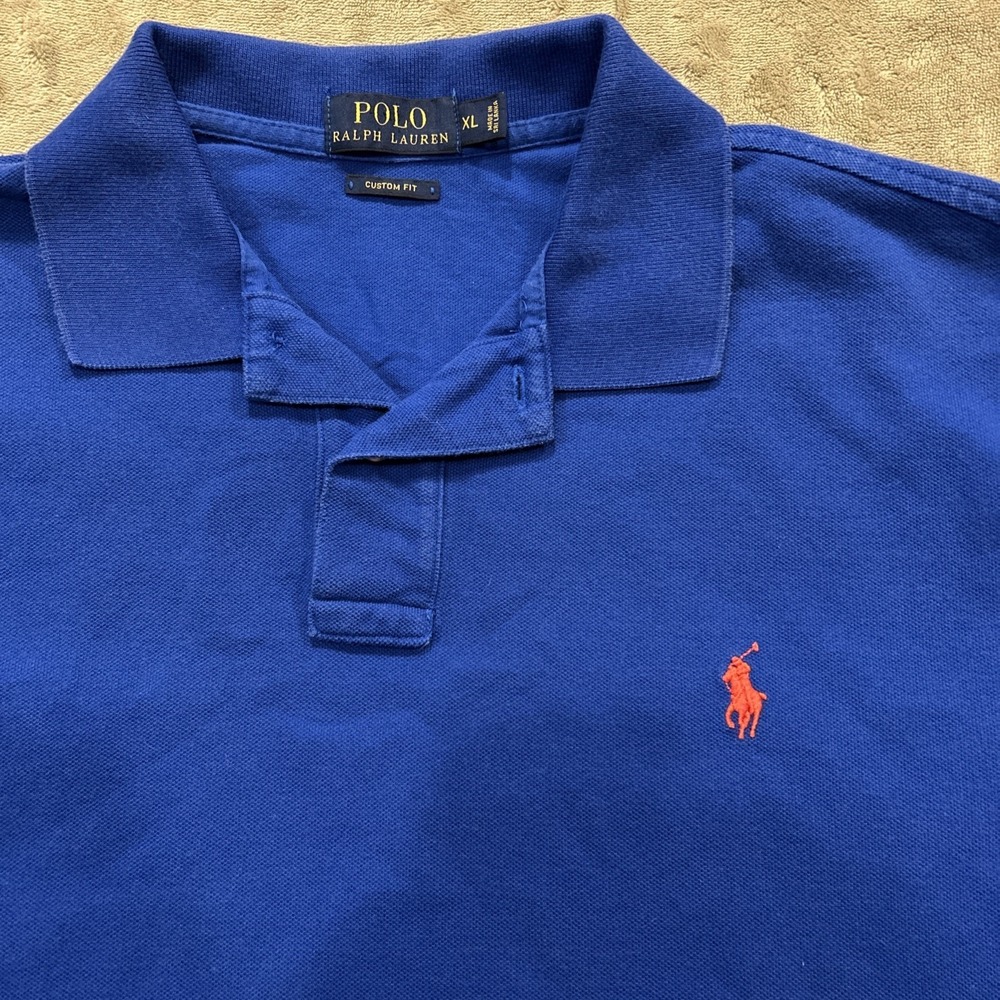 Ralph Lauren Polo Shirt Mens XL Blue Custom Slim Fit Orange Pony Short Sleeve